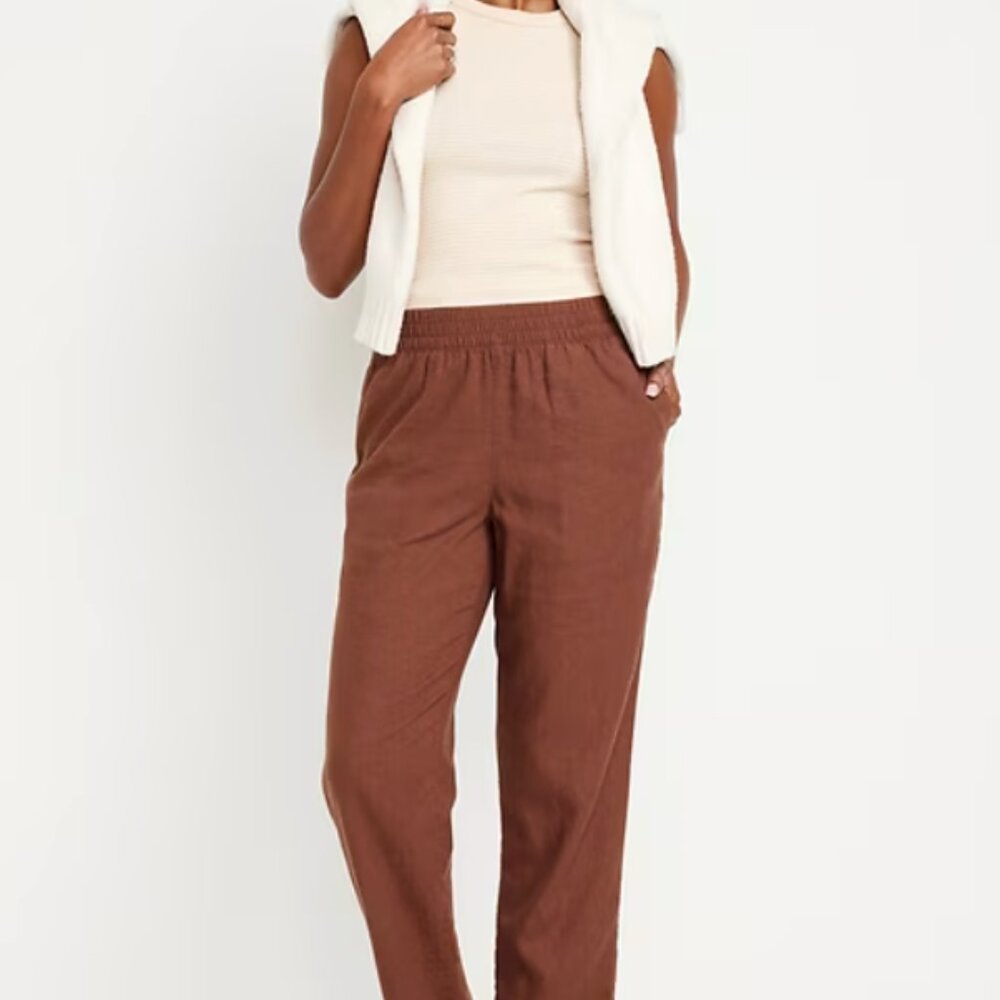 High-Waisted Linen-Blend Straight Pants - S tall Baked Bronze
